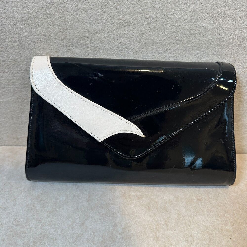 Black White Glossy Envelope Clutch Convertible Shoulder Bag Mod Evening